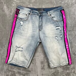 DECIBEL Mens Light Wash Denim Shorts Sequins Distressed Size 38W